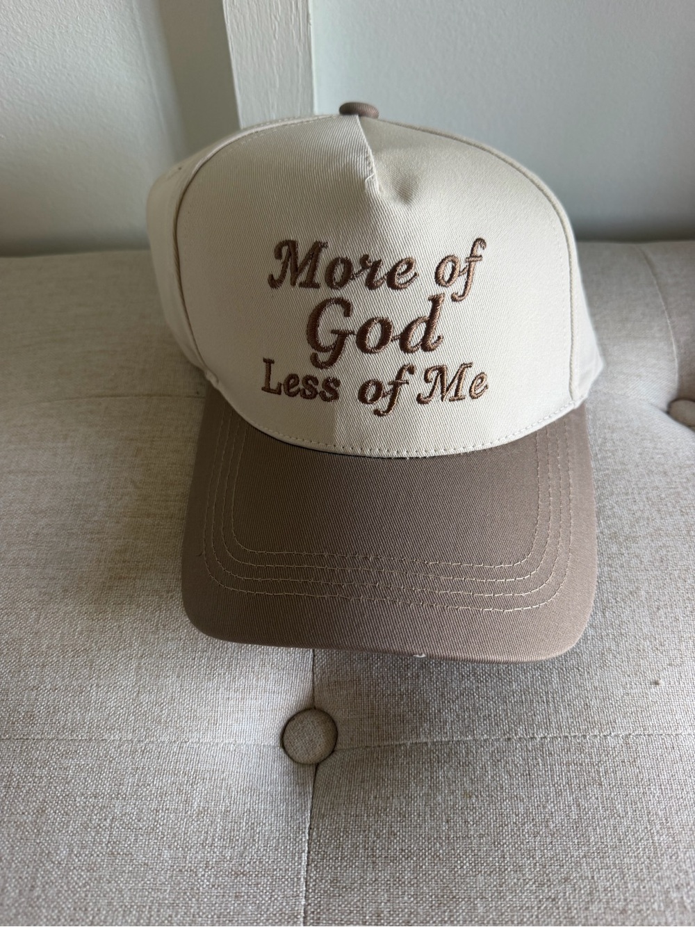 Embroidered 'More of God Less of Me' Two-Tone Tan Baseball Cap